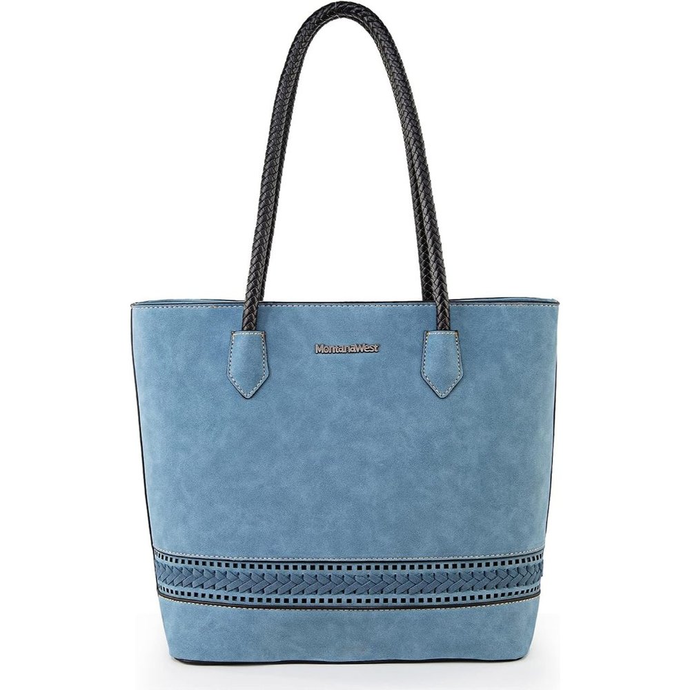 Women Woven Steel Blue Vegan Leather Large Tote Bags with Zipper